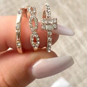 3 Piece Set of Stackable Rings • Rose Gold & Rhinestone Baguette & Round Gems
